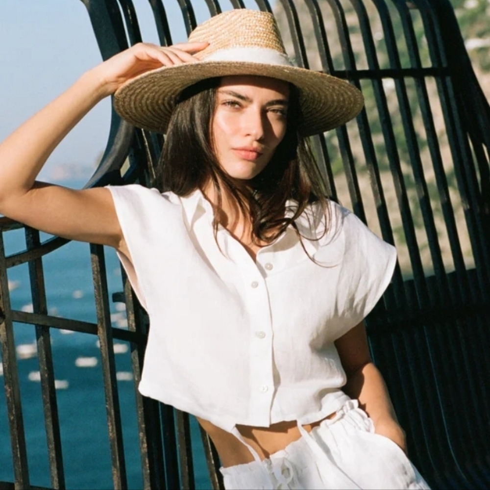 Elan Selene Linen Top - White Sleeveless Button-Down Shirt Suze Large NWOT